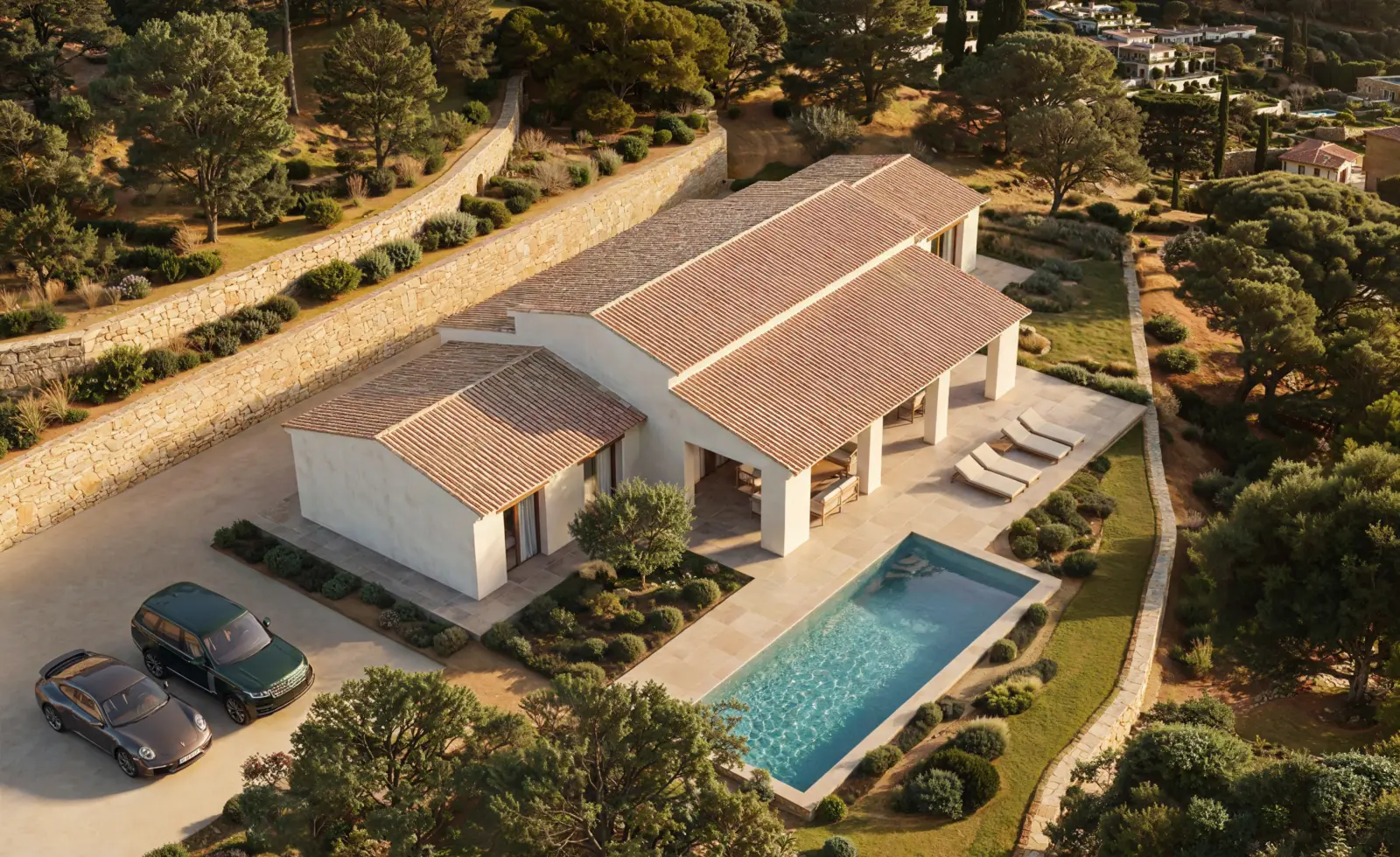Vista aérea de la vivienda, la piscina y el jardín entre pinares
