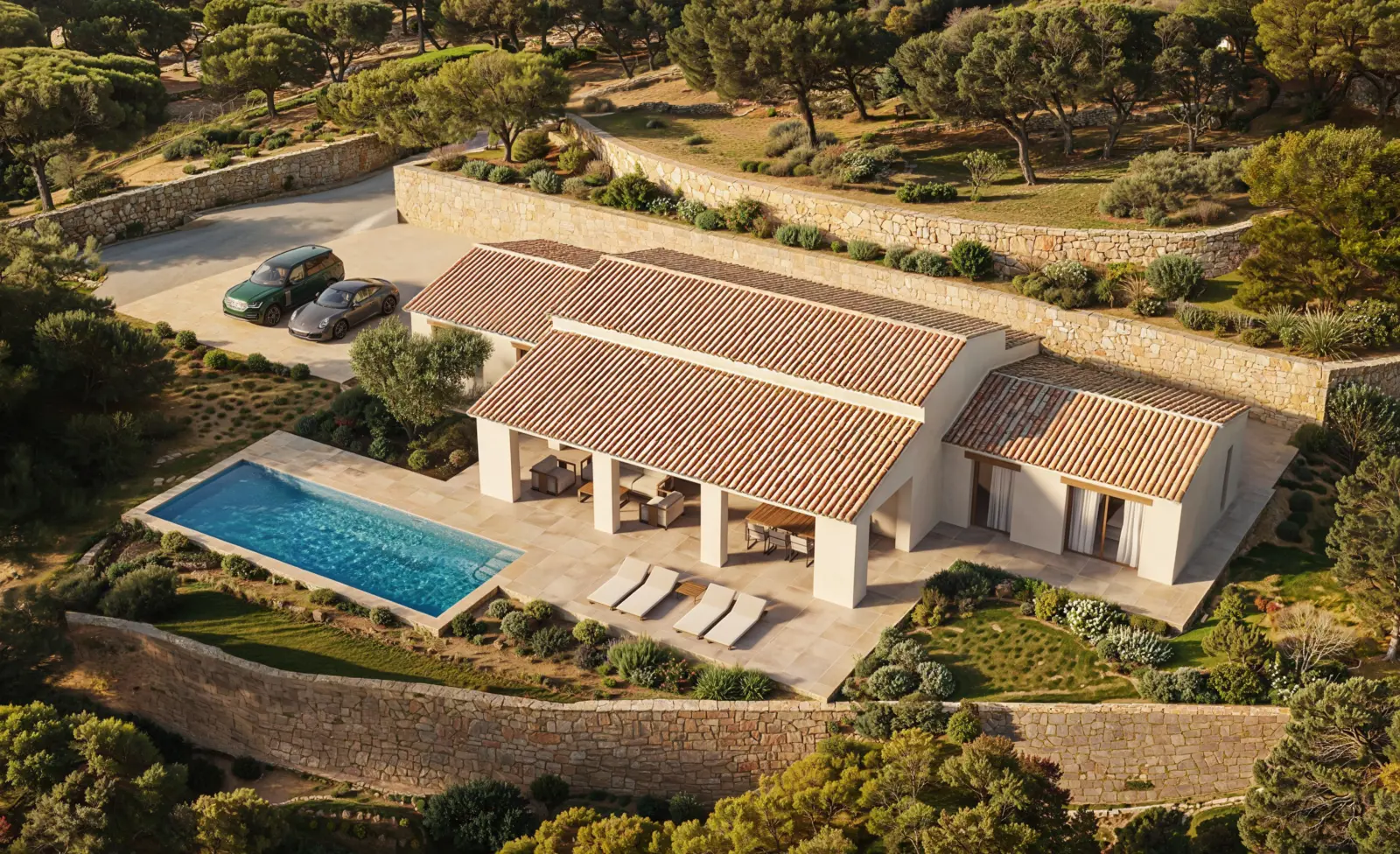 Vista aérea de la vivienda y la piscina desde el lado opuesto, con las terrazas