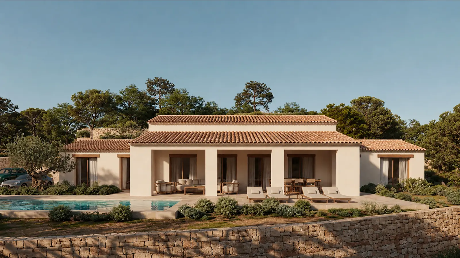 Fachada de la vivienda abierta a la terraza de la piscina, entre pinares