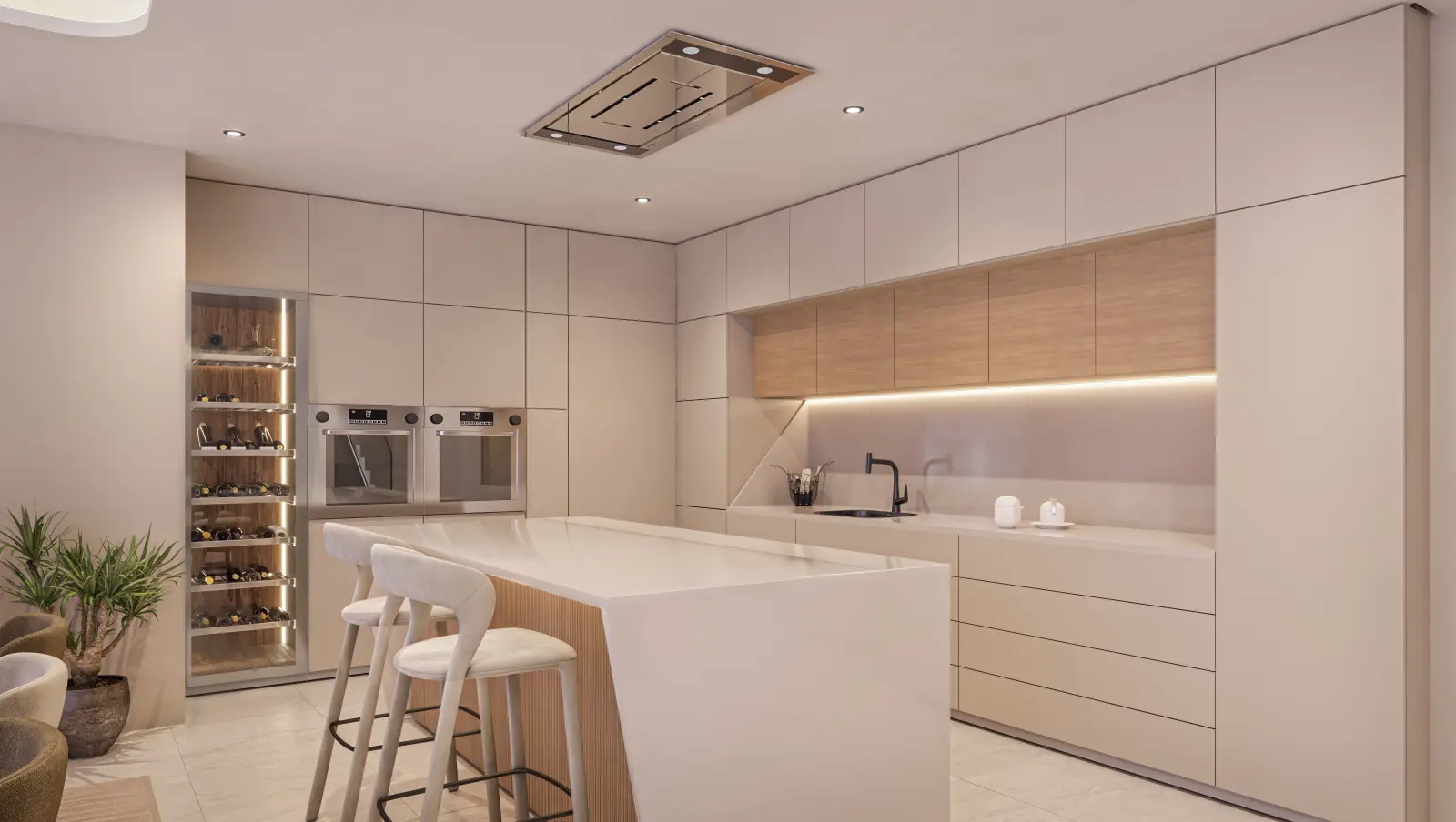 Kitchen with a central island and warm wood cabinetry