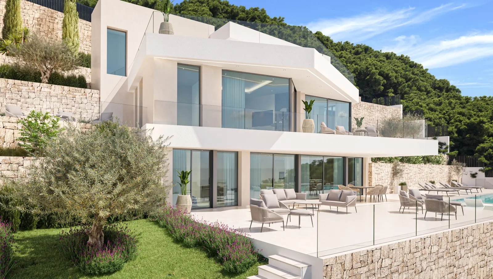 Facade with broad terraces, an outdoor pool and stone walls set into the hillside